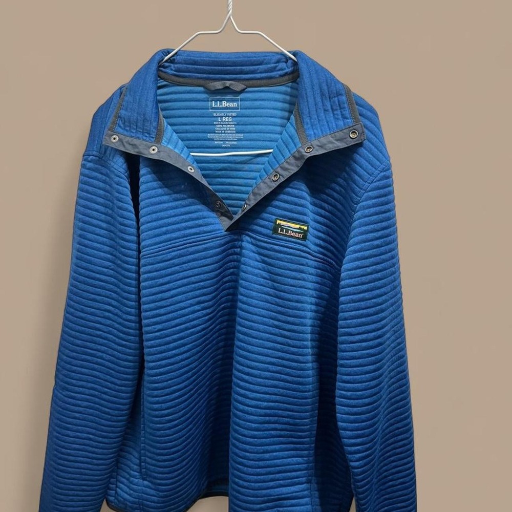 LL Bean Mens Airlight Knit Pullover Blue Quilted Snap Neck Large 506874